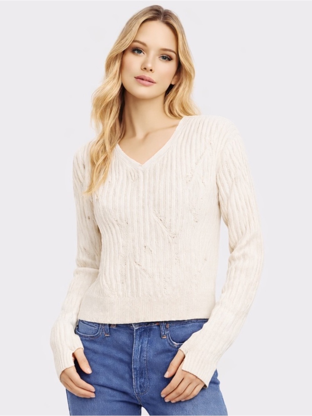 Helmut Lang Lambs Wool V Neck Ribbed Sweater Cream Size Large